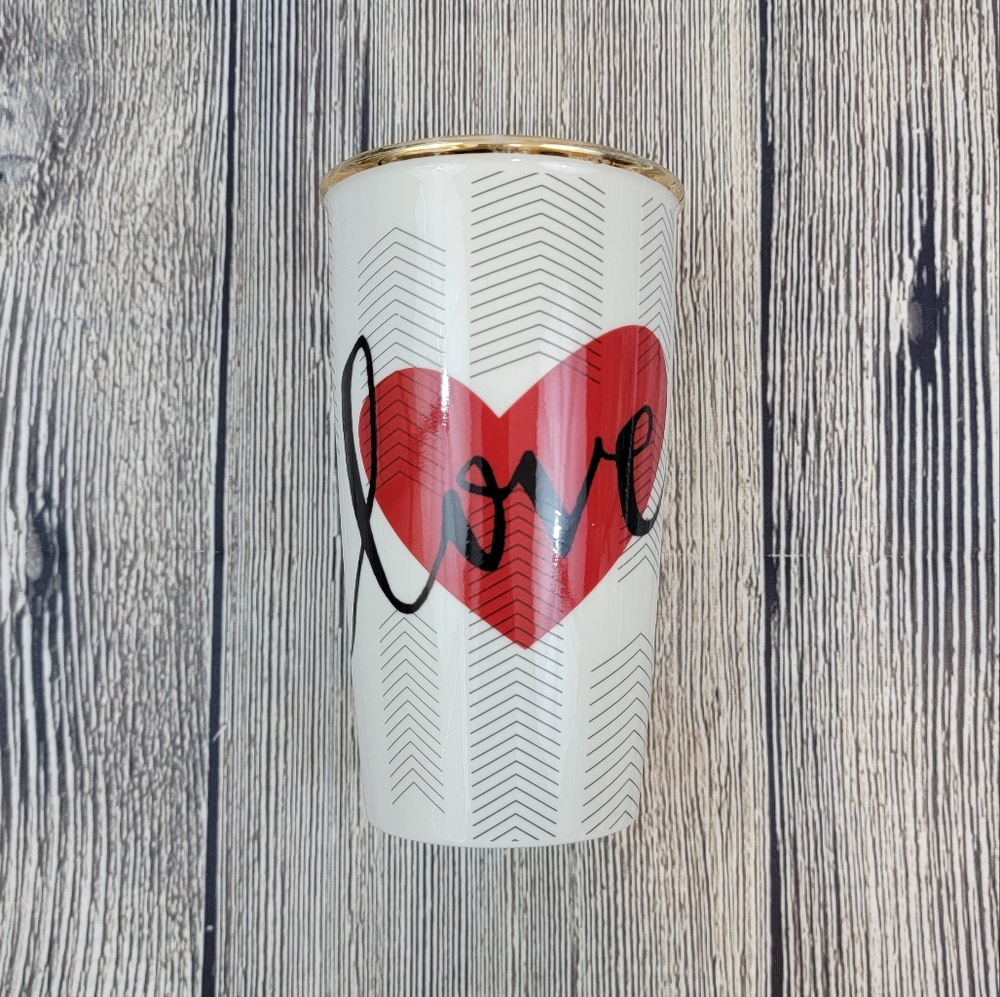 Starbucks Travel Ceramic Cup Tumbler Coffee Tea Love Heart Gold Chevron